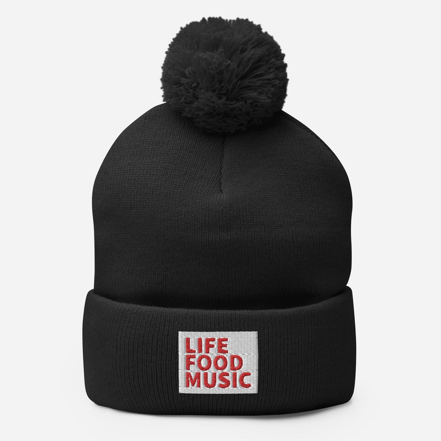 LFM WHITE AND RED LOGO POMPOM BEANIE