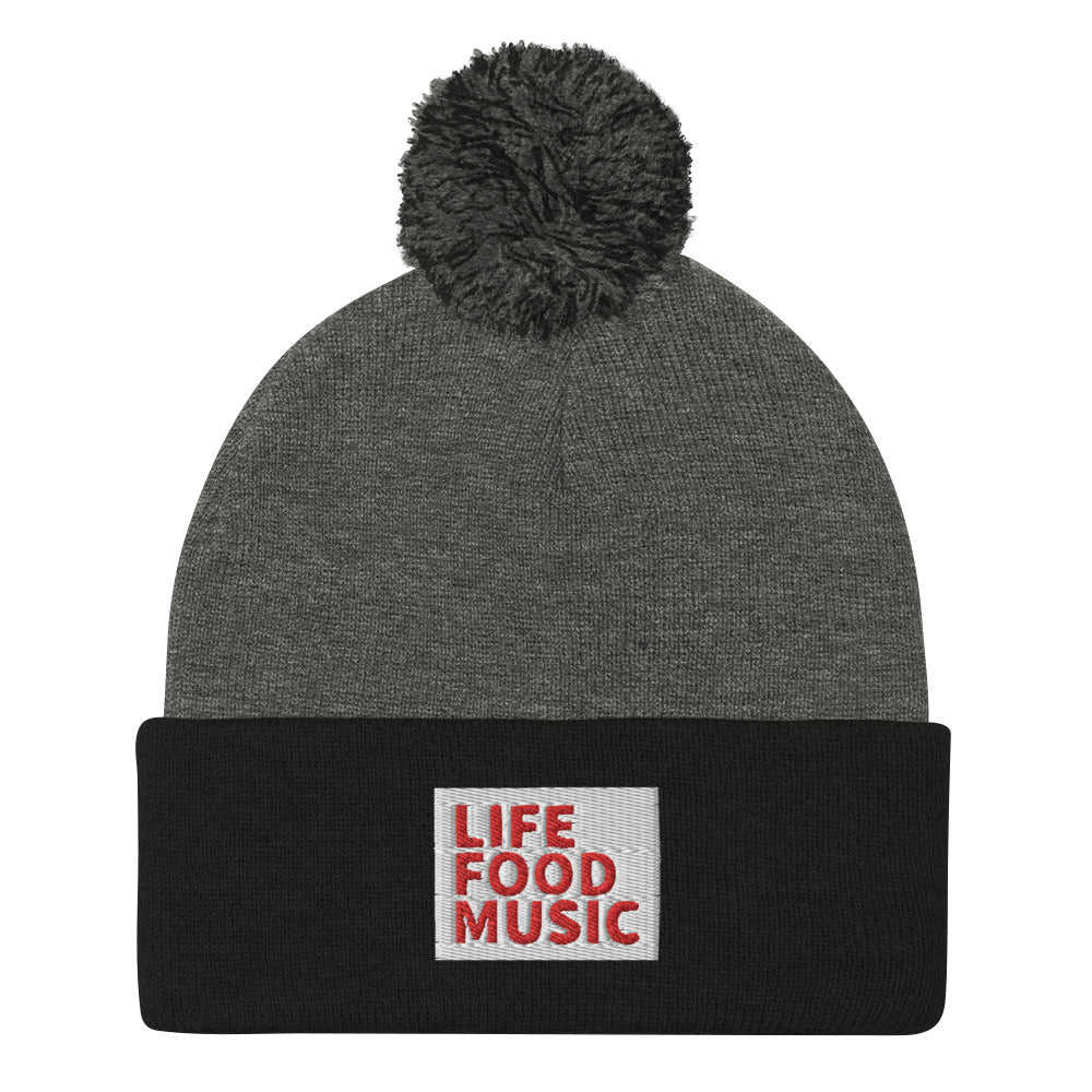 LFM WHITE AND RED LOGO POMPOM BEANIE