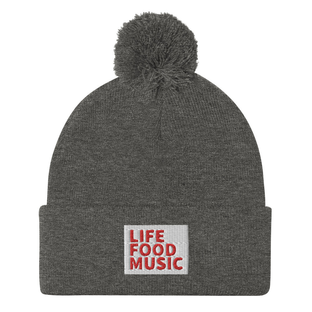 LFM WHITE AND RED LOGO POMPOM BEANIE