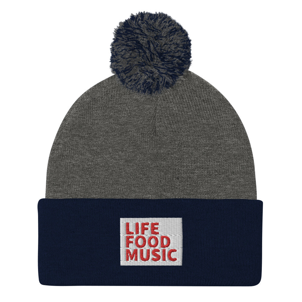 LFM WHITE AND RED LOGO POMPOM BEANIE