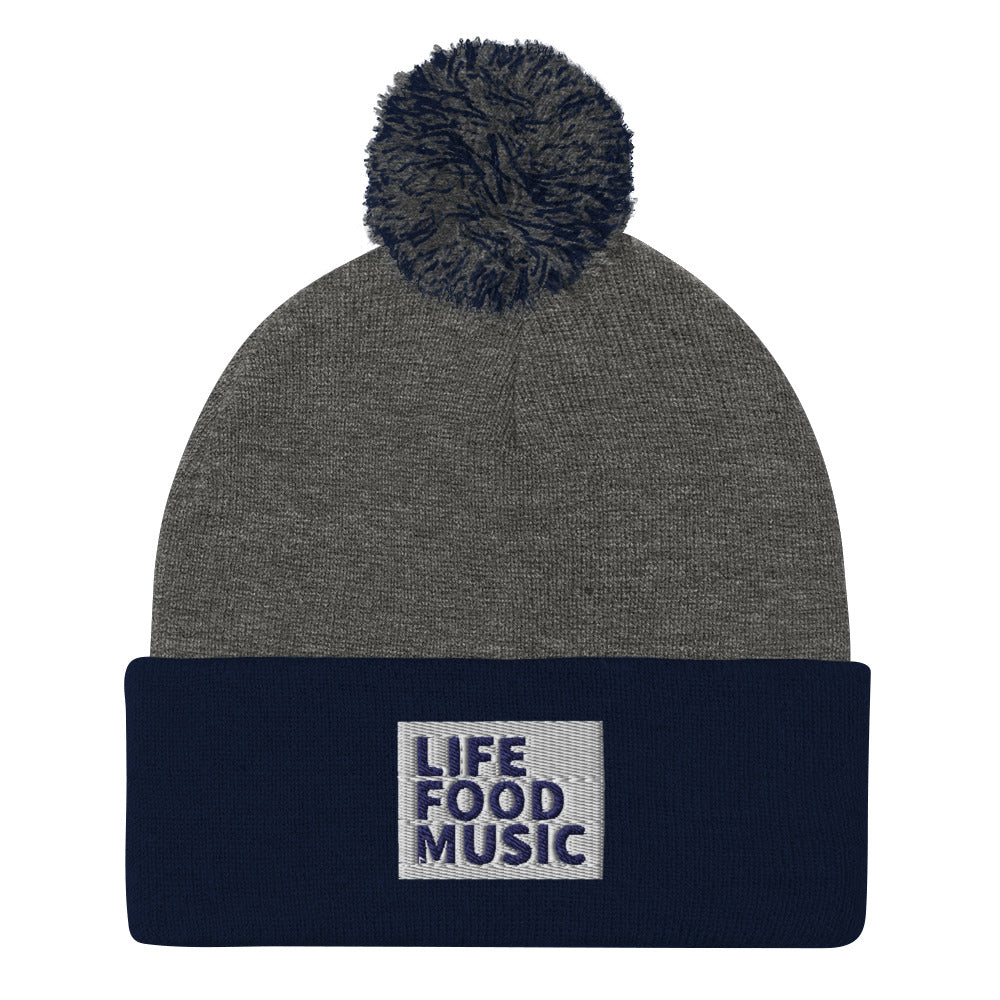 LFM WHITE AND NAVY LOGO POMPOM BEANIE