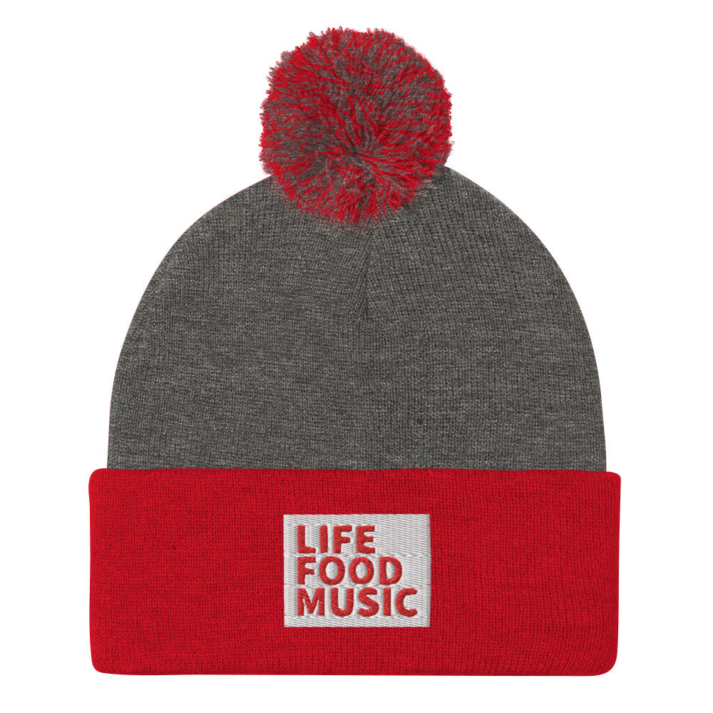 LFM WHITE AND RED LOGO POMPOM BEANIE