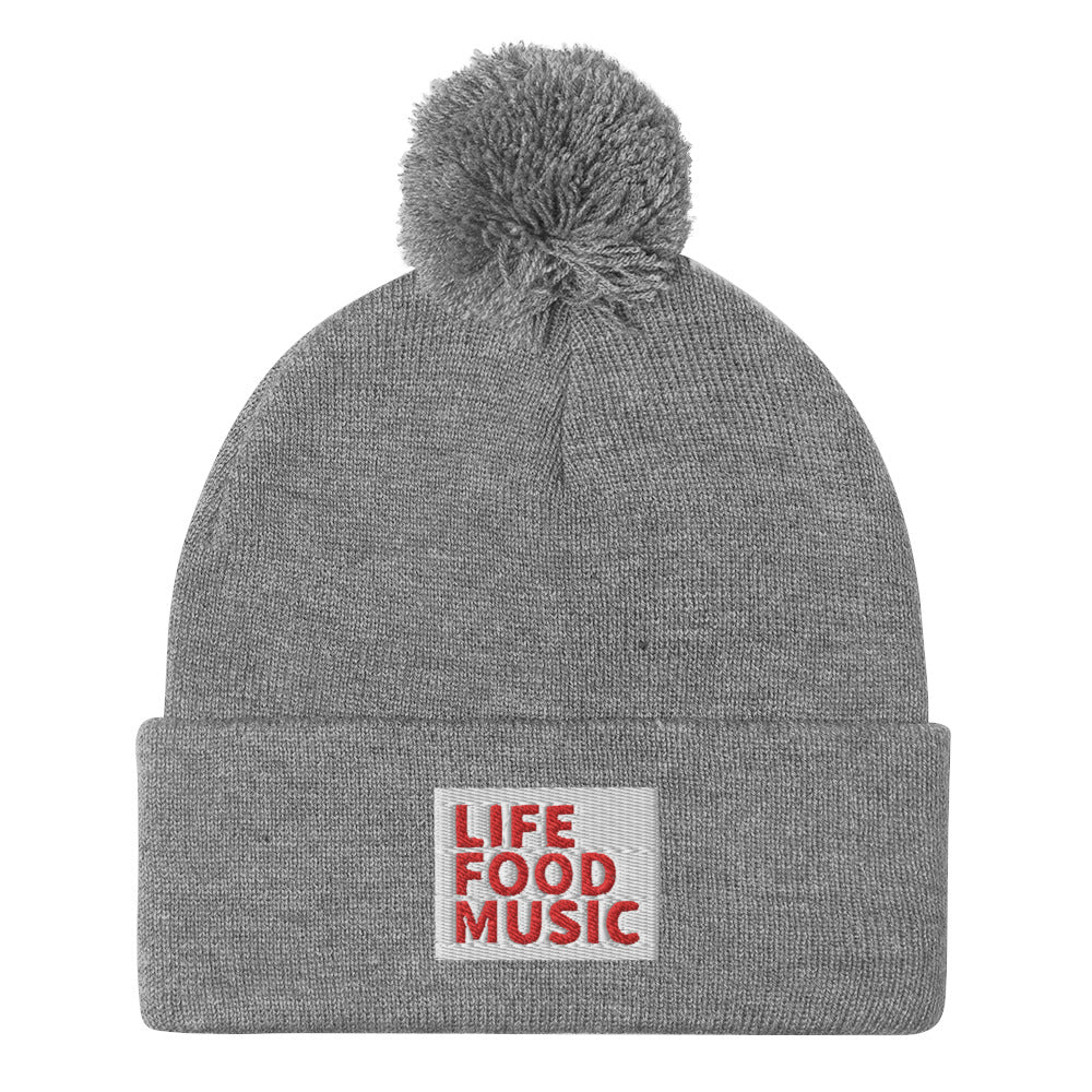 LFM WHITE AND RED LOGO POMPOM BEANIE