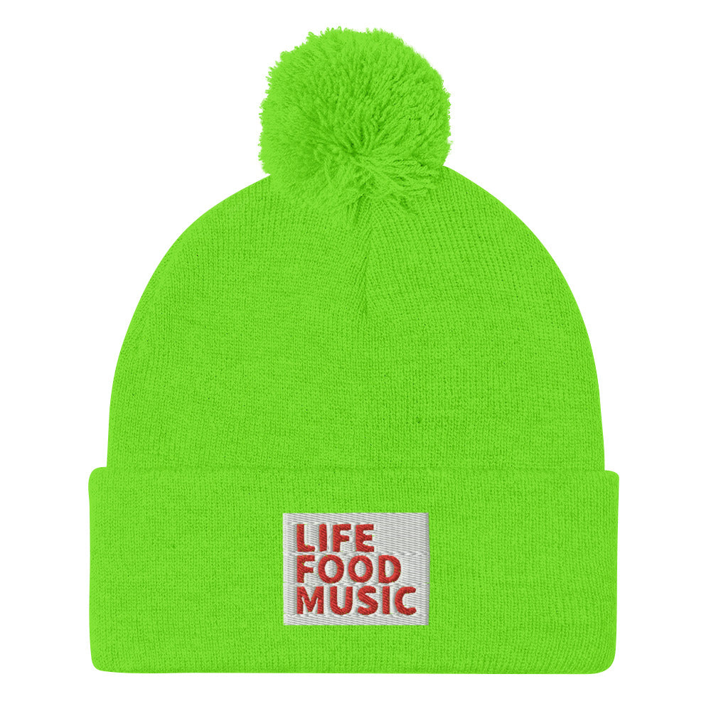 LFM WHITE AND RED LOGO POMPOM BEANIE