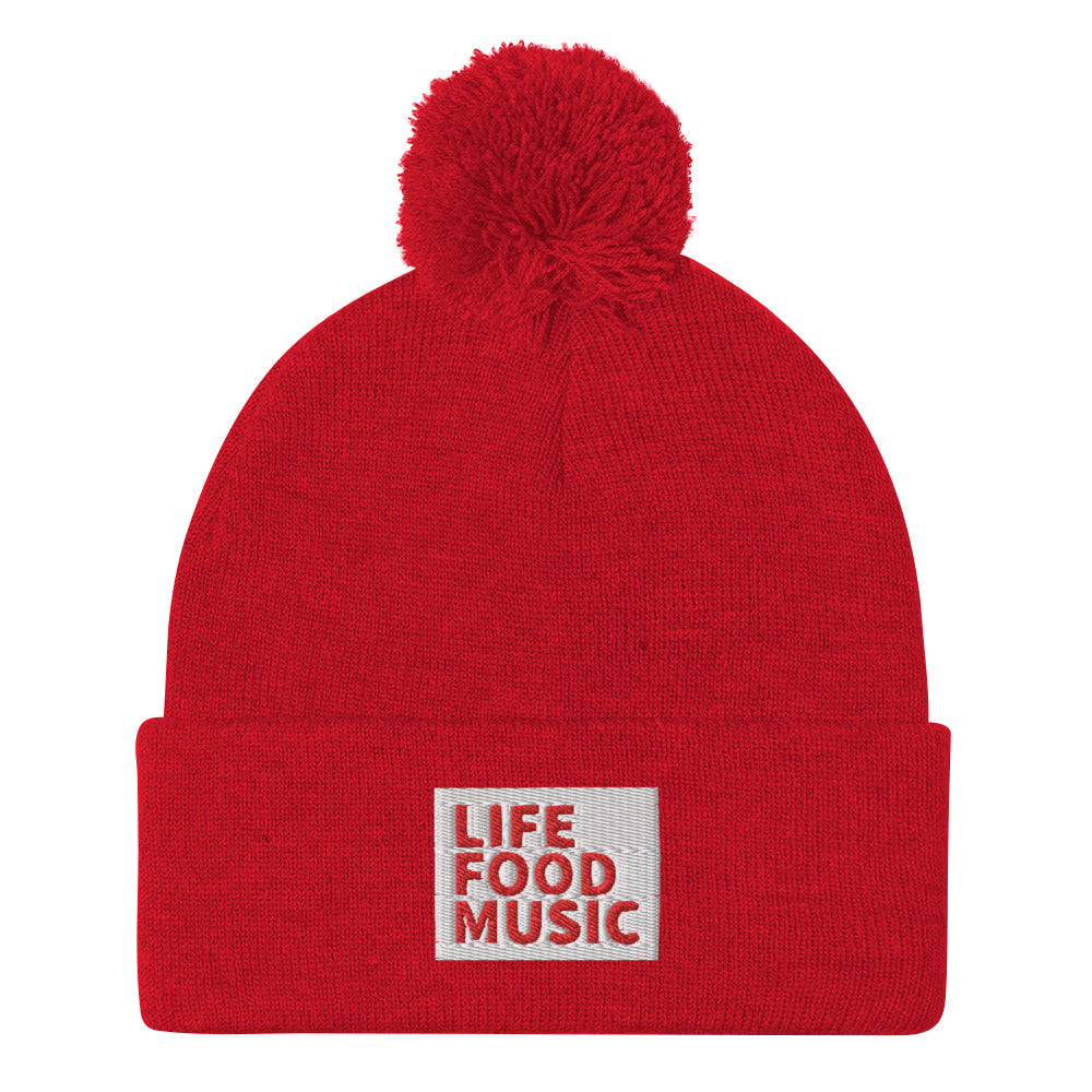 LFM WHITE AND RED LOGO POMPOM BEANIE