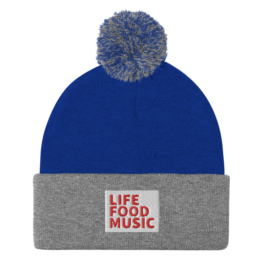 LFM WHITE AND RED LOGO POMPOM BEANIE